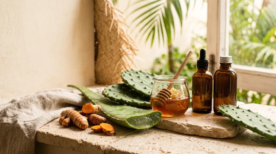 Ingredientes naturales de las fórmulas del laboratorio: nopal, aloe vera, cúrcuma y miel